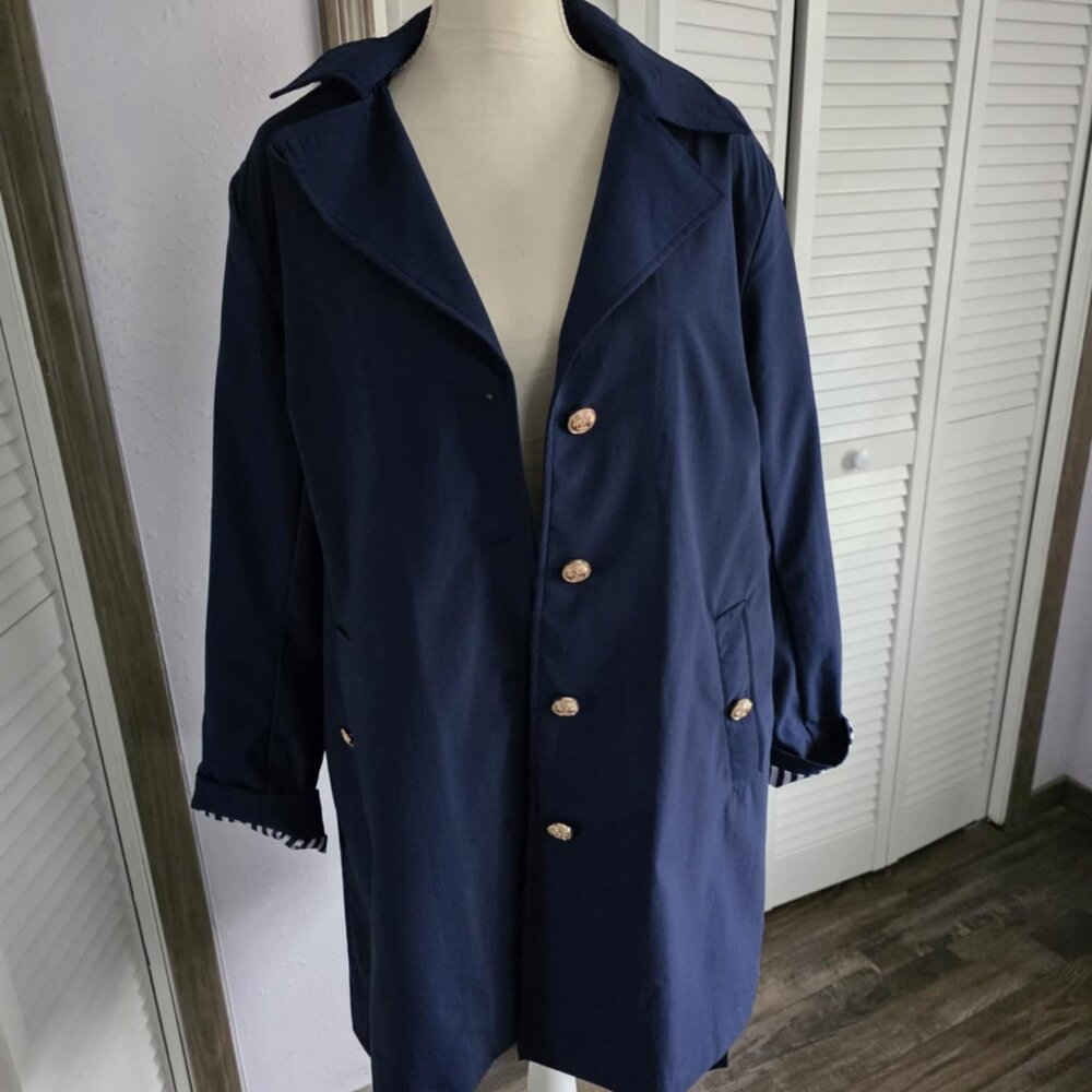 Dennis Basso Regular Water Resistant Trench Coat with Hood in Navy